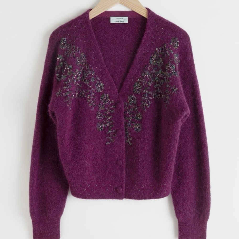& Other Stories Wool Alpaca Blend Purple Crystal Embellished Cardigan Sweater S